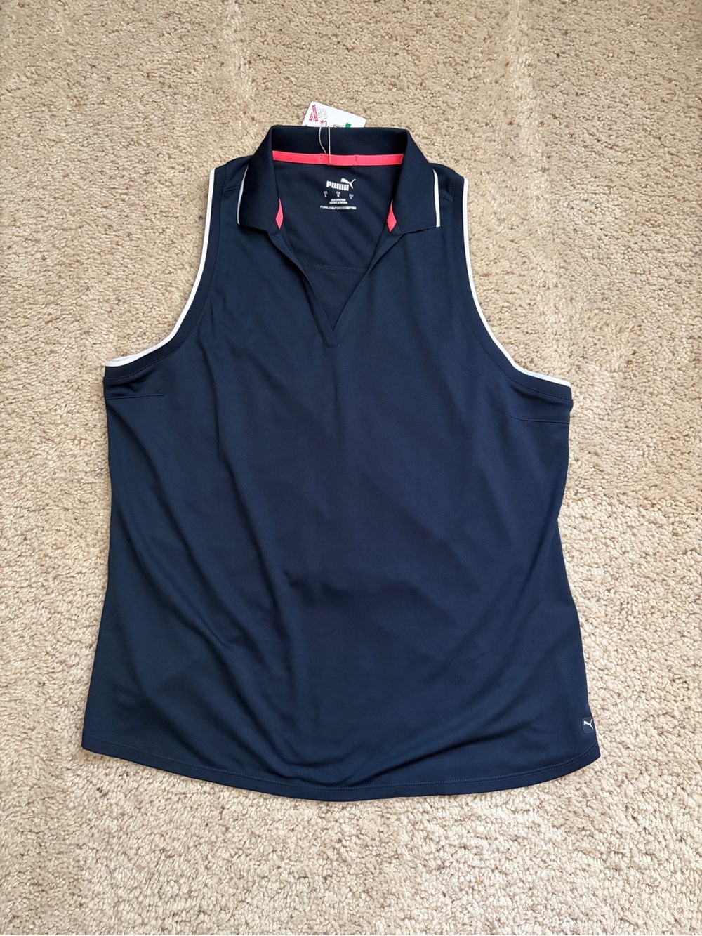 NWT Puma Navy Sleeveless Racerback Golf Shirt with White Trim size L (179)